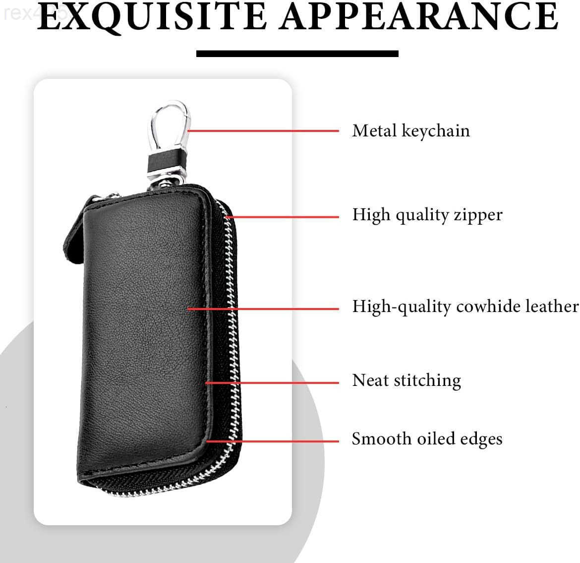 Leather Car Key Holder Bag Unisex Key Fob Case with 6 Hooks Zipper Closure Keychian Case Wallet for Smart Keys BlackW250911