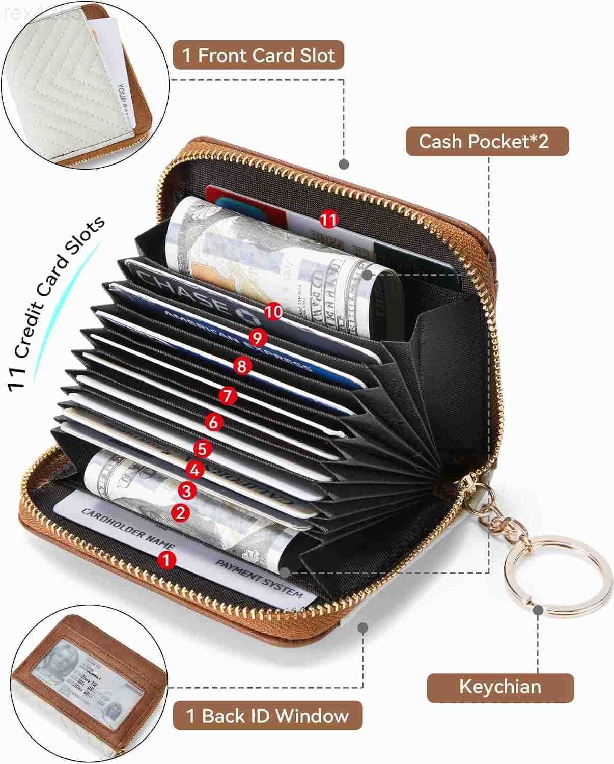 Credit Card Holder Wallet RFID Blocking Leather Small Wallet for Women Zipper Keychain Wallet with Wristlet BeigeBrownW250911