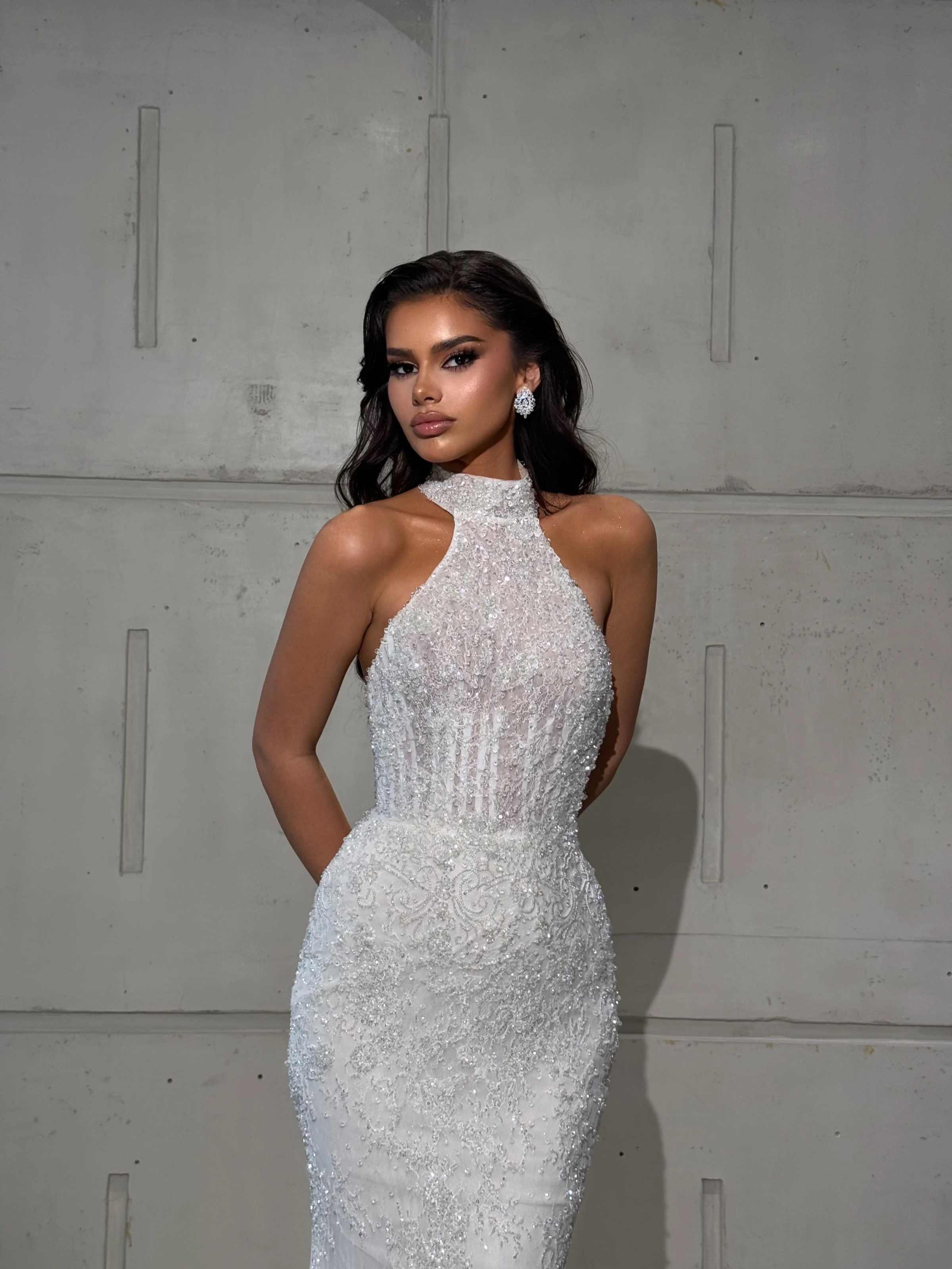 Shine Evening Dress High-Neck Mermaid Prom Gowns Shine Beads Lace Applique Prom Dress Sequined Robes De Mariee Size Customized vestido de novia L25209