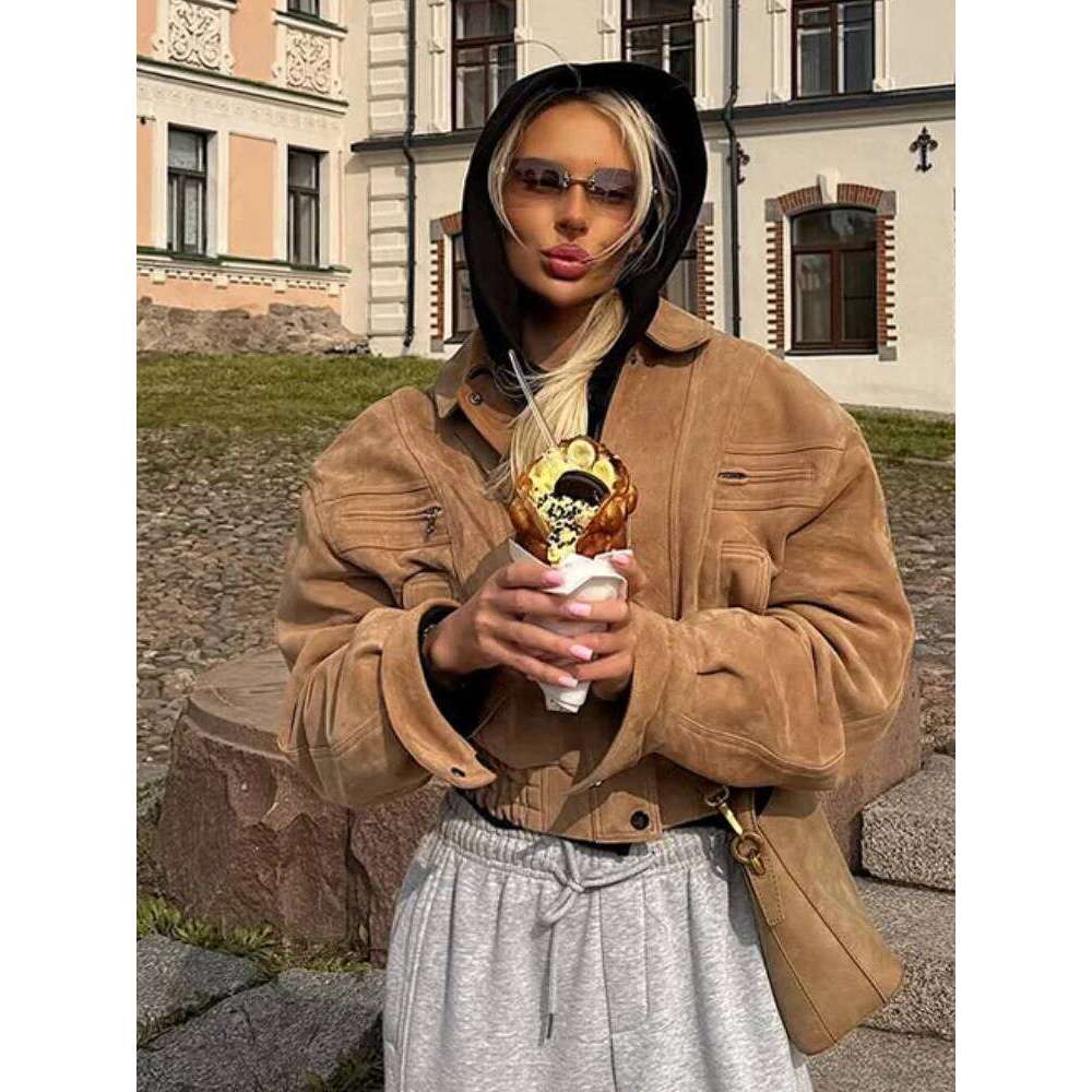 Fashion Brown Short Suede Jacket Women Chic Lapel Long Sleeve Pocket Zipper Cropped Coat Autumn Lady Highstreet Commute Outwear