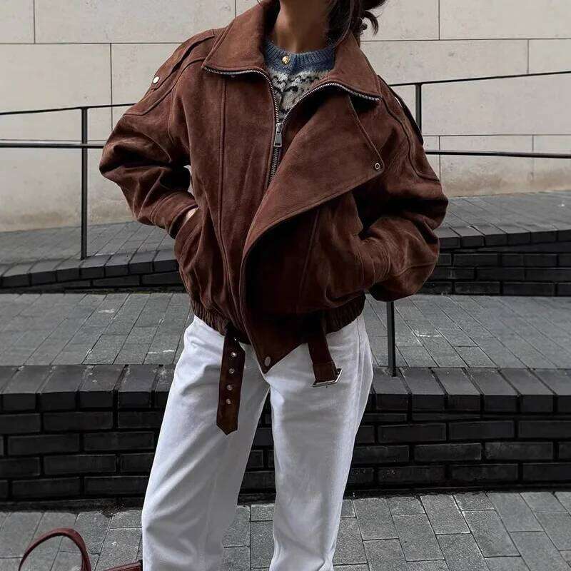 Fashionable Brown Short Loose Women's Jacket Casual Retro Mermaid Style Outerwear Popular Cross-Border Sale In