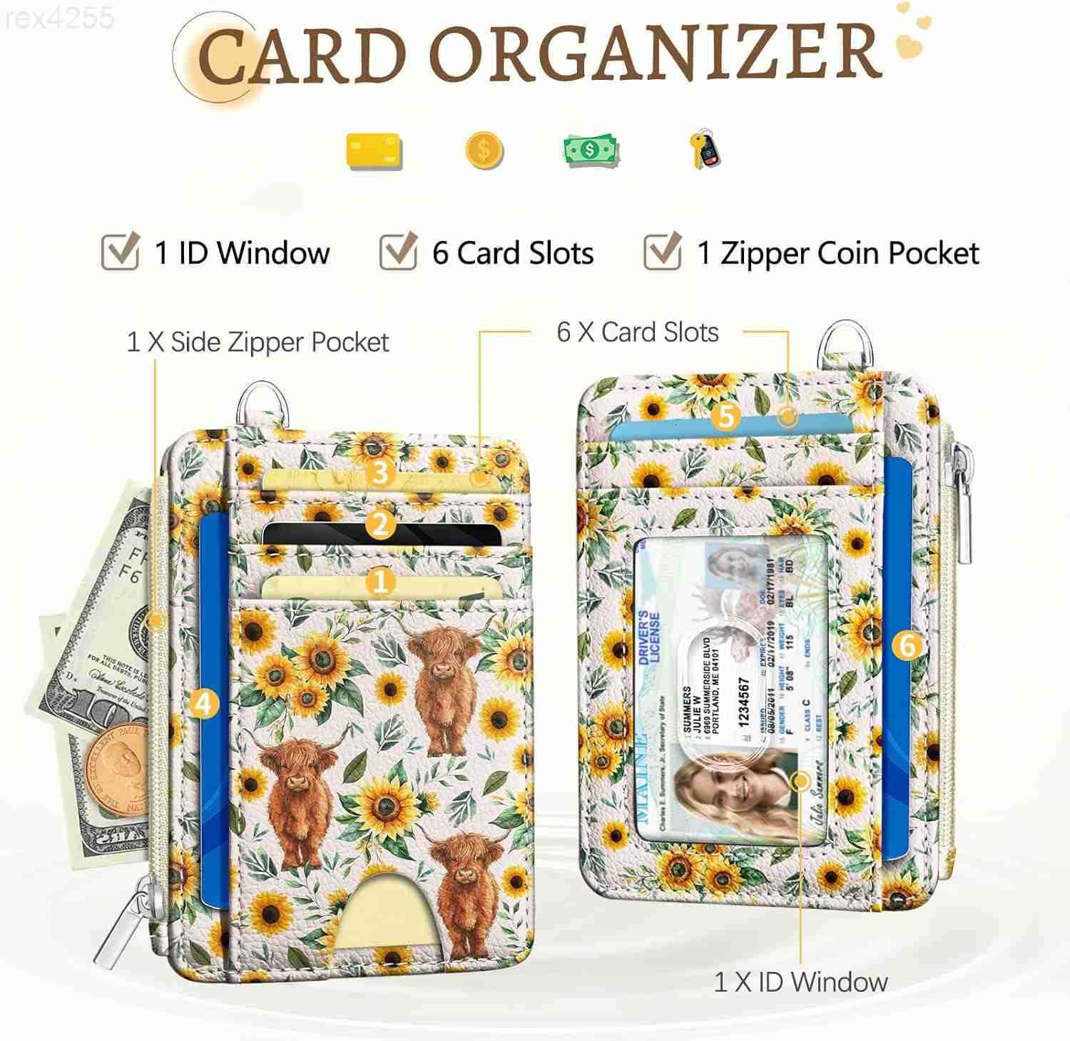 Cow Sunflower Credit Card Holder Small Wallet Women Slim RFID Blocking Wallet Woman Keychain with Zipper Coin Pocket Front Pocket Thin Travel Card Cas