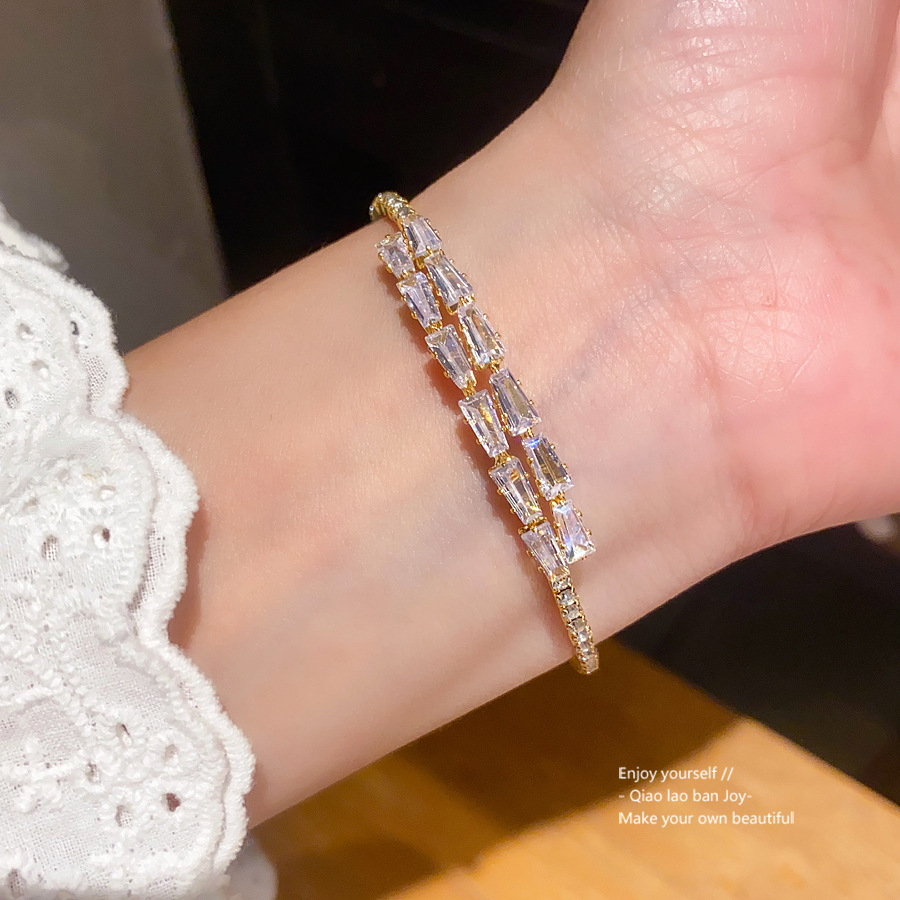 Gold - Toned Bangle With Baguette - Cut Clear Crystals, Double - Layered Sparkly Pave Design Delicate Daily & Glamorous Jewelry Gift For Her High - Qu