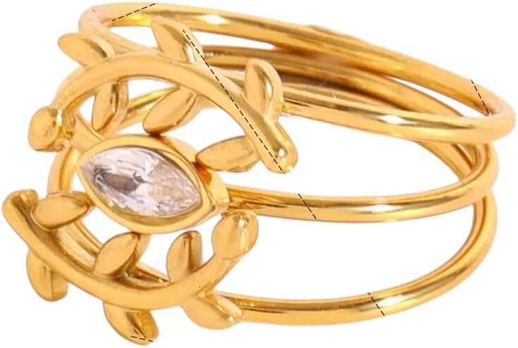 Set Of 3 Ladies' Gold Plated Stainless Steel Stackable Rings With Spairkling Rhinestones And Leaf Design