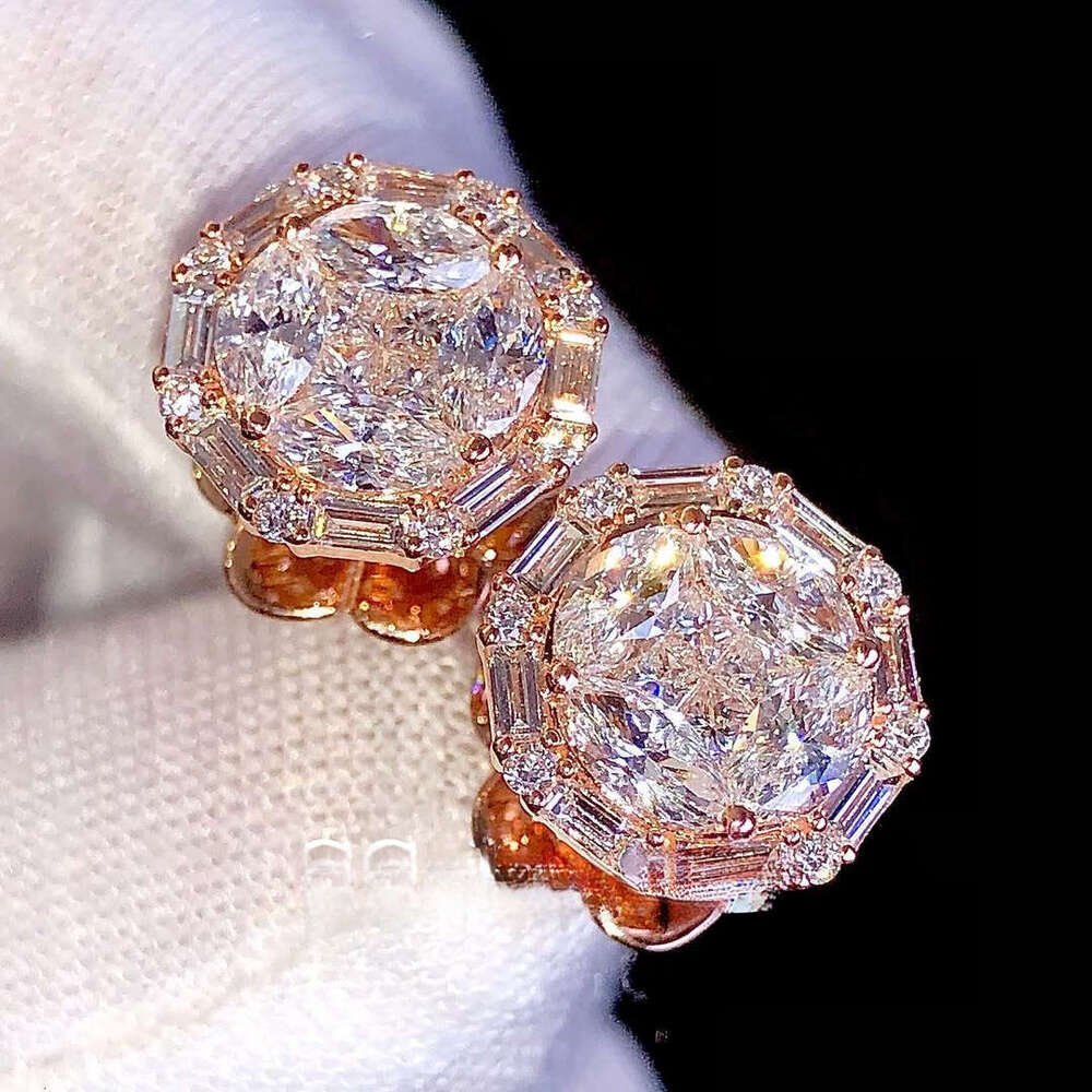VVS Moissanite Cluster Stud Earrings Round & Baguette Marquise Cut Dia Design in Sier Rose Gold for Women