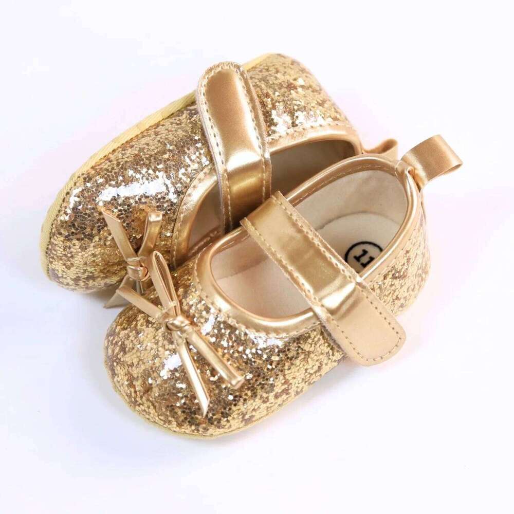 Infant Baby Girls Princess Shiny Sequined Bow Non-slip Soft Flats First Walker Toddlers Dress Shoes for 0-18M