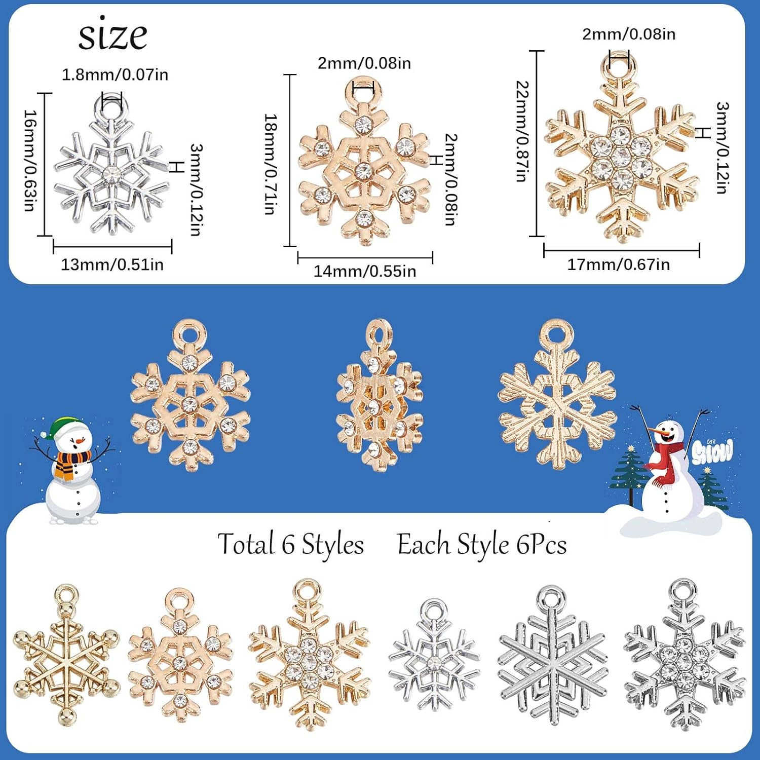 1 Box 36Pcs 6 Style Snow Charms Christmas Snowflake Charms Xmas Winter Rhinestone Pendants for Jewelry Making DIY Necklace Earrings Christmas PaW25091