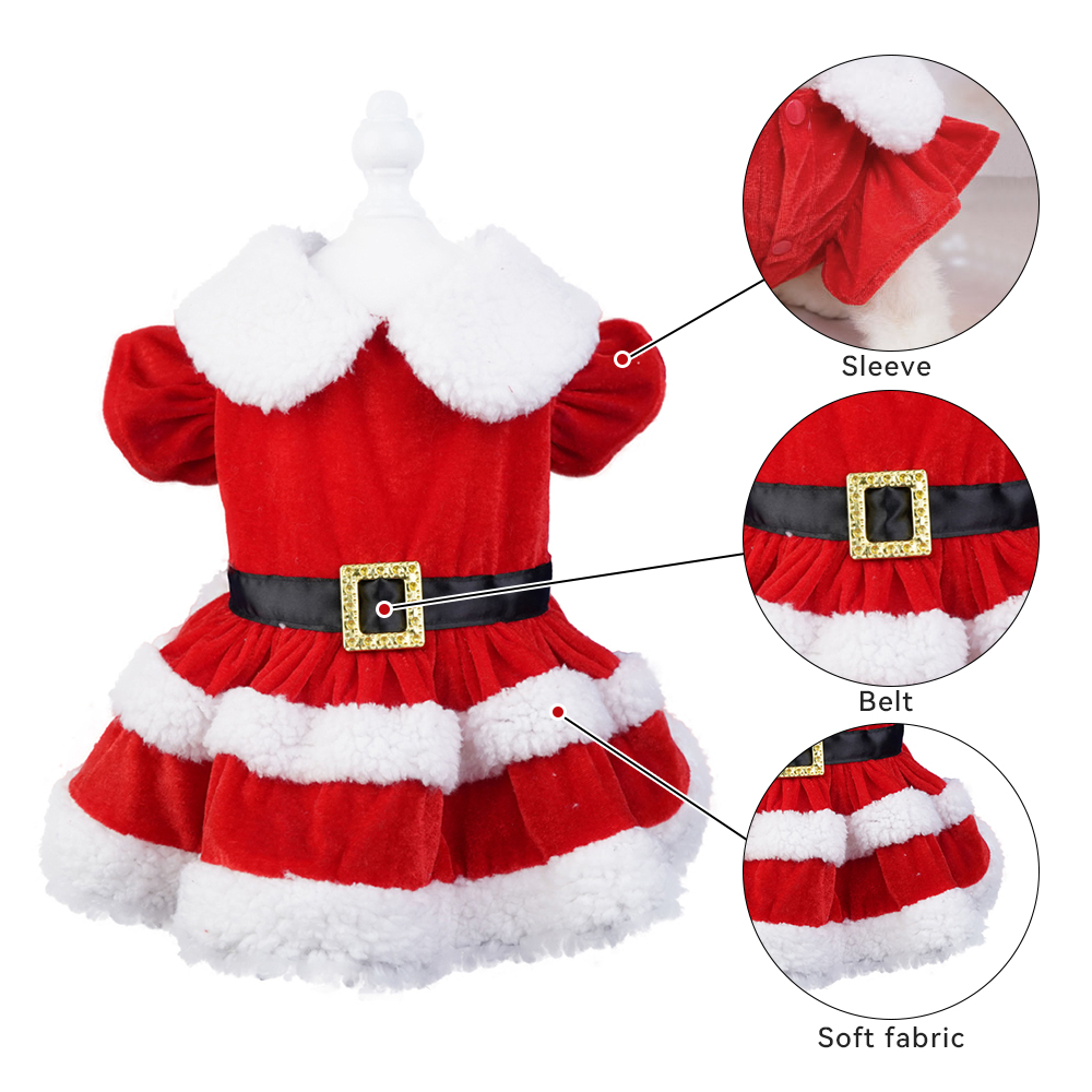 Christmas Dog Dress with Ruffled Sleeves, Lamb Wool Collar, Cotton Material, Warm & Comfortable, 4 Sizes (S-XL) for Dogs 1.5-8kg, Perfect for Christma