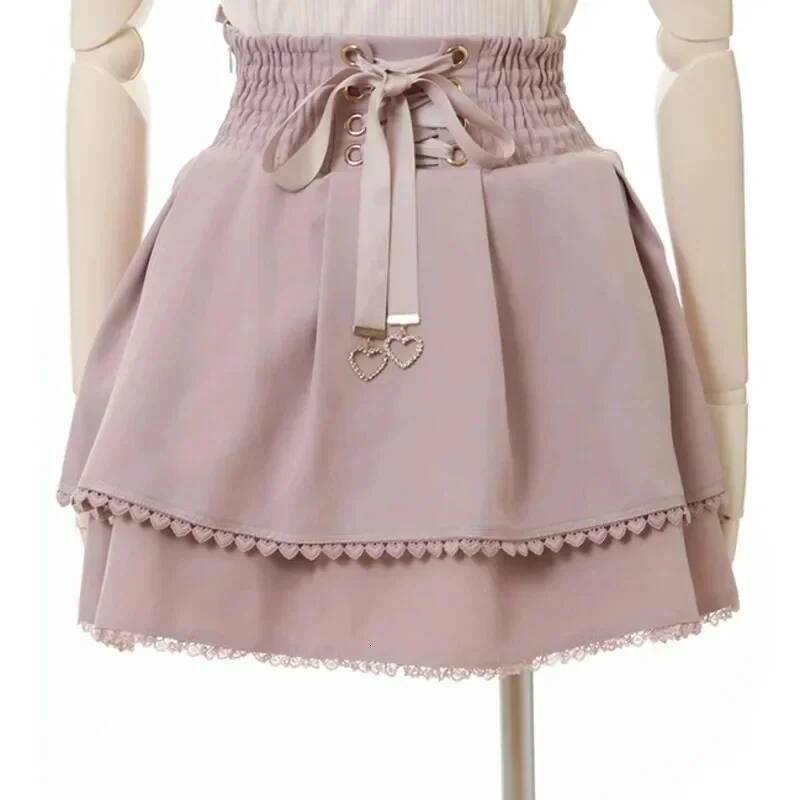 Japan Style High Waist Pleated Bow Knot Design Mini Kawaii Slim Fit A-line Pink Lace Skirts For Women dongdumaoyi
