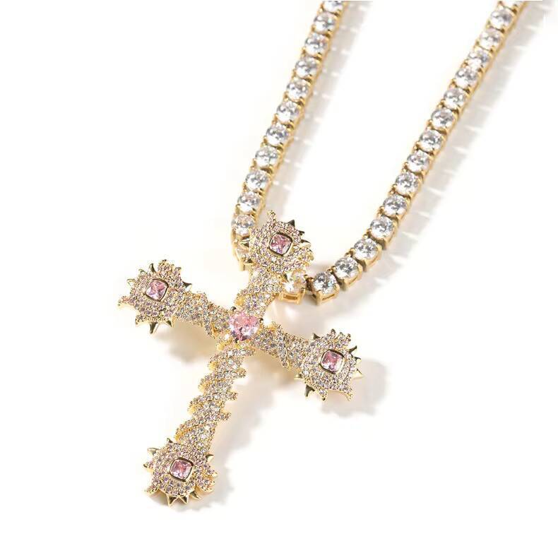 Vintage Gold Plated Cubic Zirconia Necklace Pendant Colorful Pink Heart Cross Diamond for Parties and Weddings