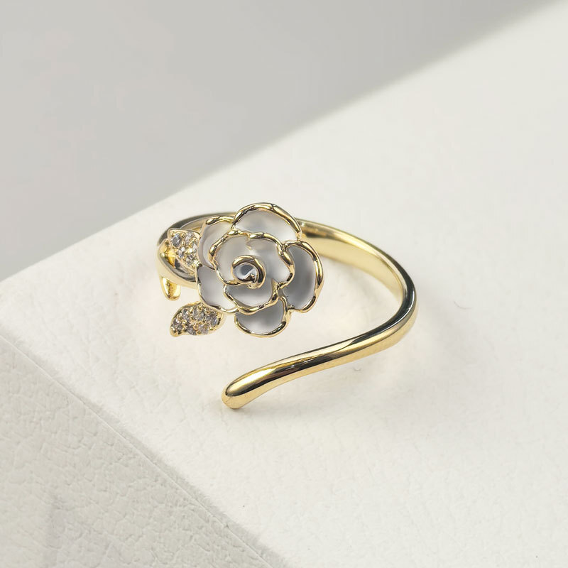 French Camellia Open Oil Drop Micro Inlay High-end Flower Index Finger Light Luxury Adjustable Ring