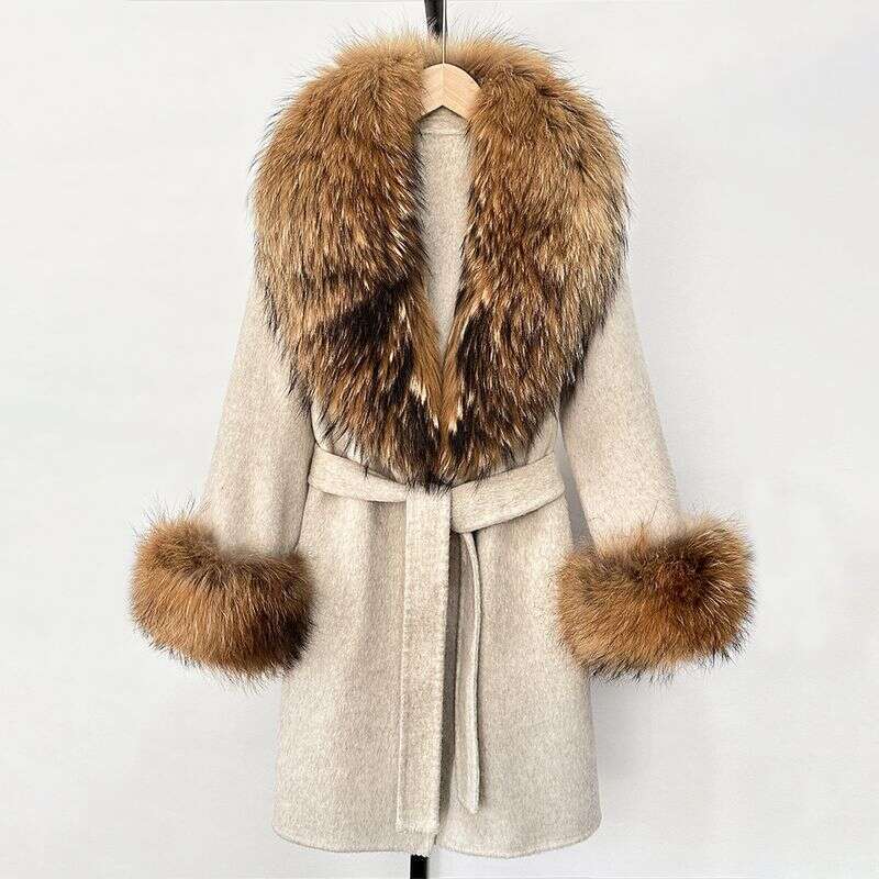 Women's Long Wool & Cashmere Coat With Real Fox Fur Collar - Double-Faced Winter Trench Coat, Slim Fit Belted Dressy Outerwear, Elegant Overcoat 