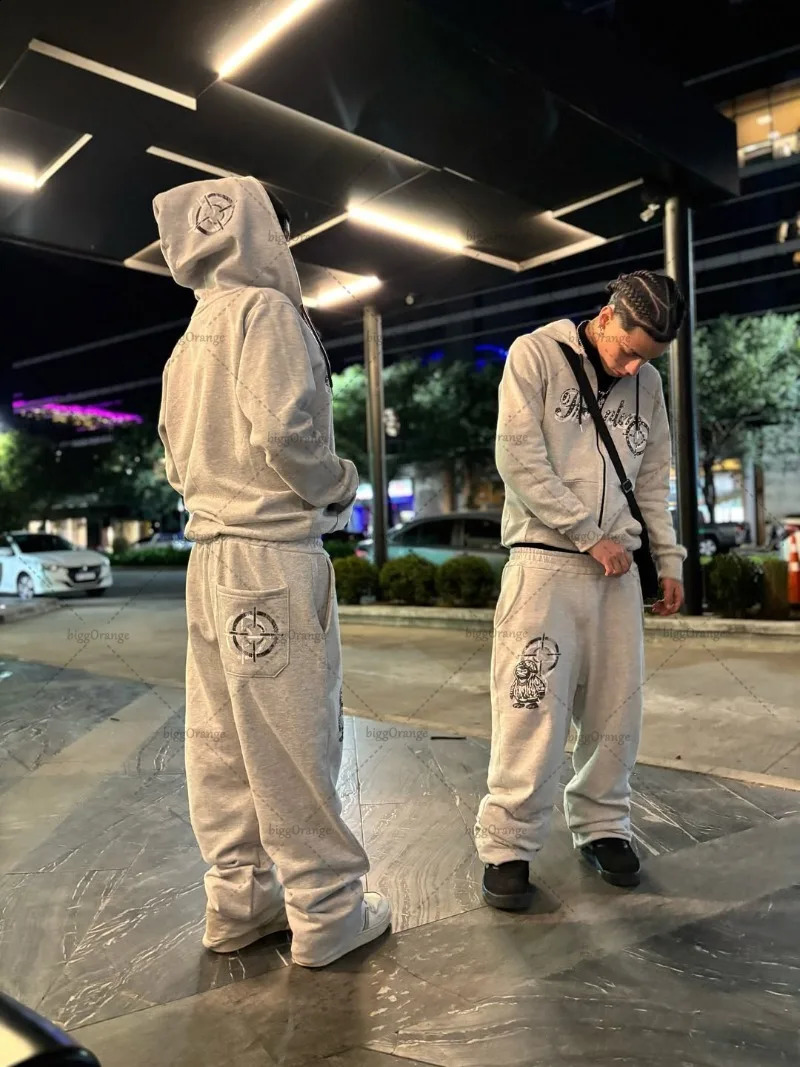 American Retro Hiphop Harajuku Oversized Zipper Sweatshirt Mens Suit Y2K Casual High Street Trendy Loose Wideleg Pants Women 250911