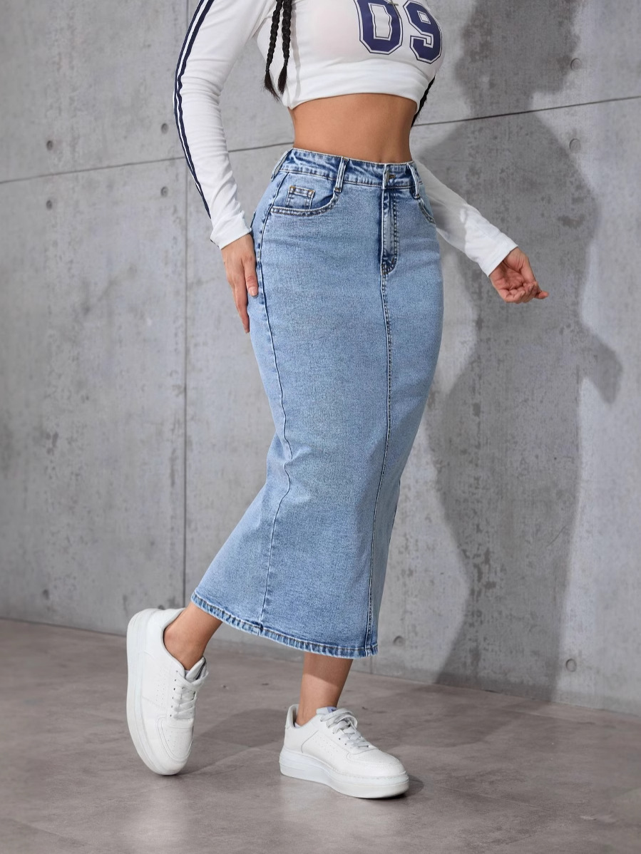 PO33150 New high waist slim mid-length skirt women's denim long skirt large size