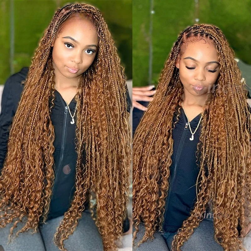 Boho Braided Wigs Synthetic Full Lace Front Wigs Blonde Curly Ends Hair Goddess Locs Cornrows Braid Wigs Knotless Box Braids Lace Frontal Wig