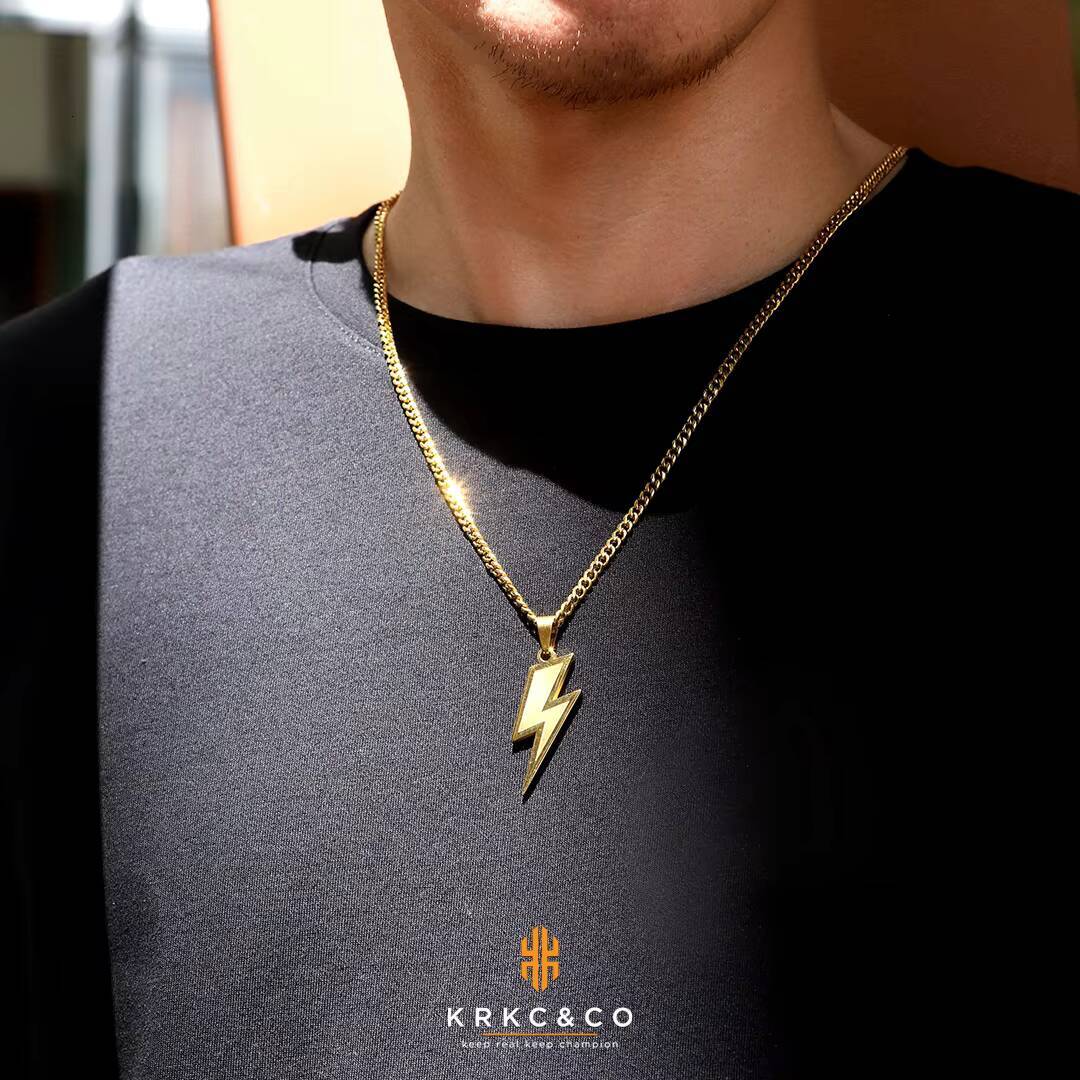 KRKC Fashion 22inches White 18k Gold Plated 316L Alloy Stainless Steel Lightning Necklace Pendant