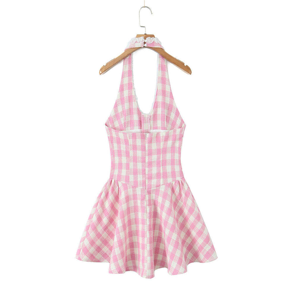 DHEssentials 2025 INS Spring New American Style Sweet Little Fragrance V-Neck Halter Slim Waist Dress