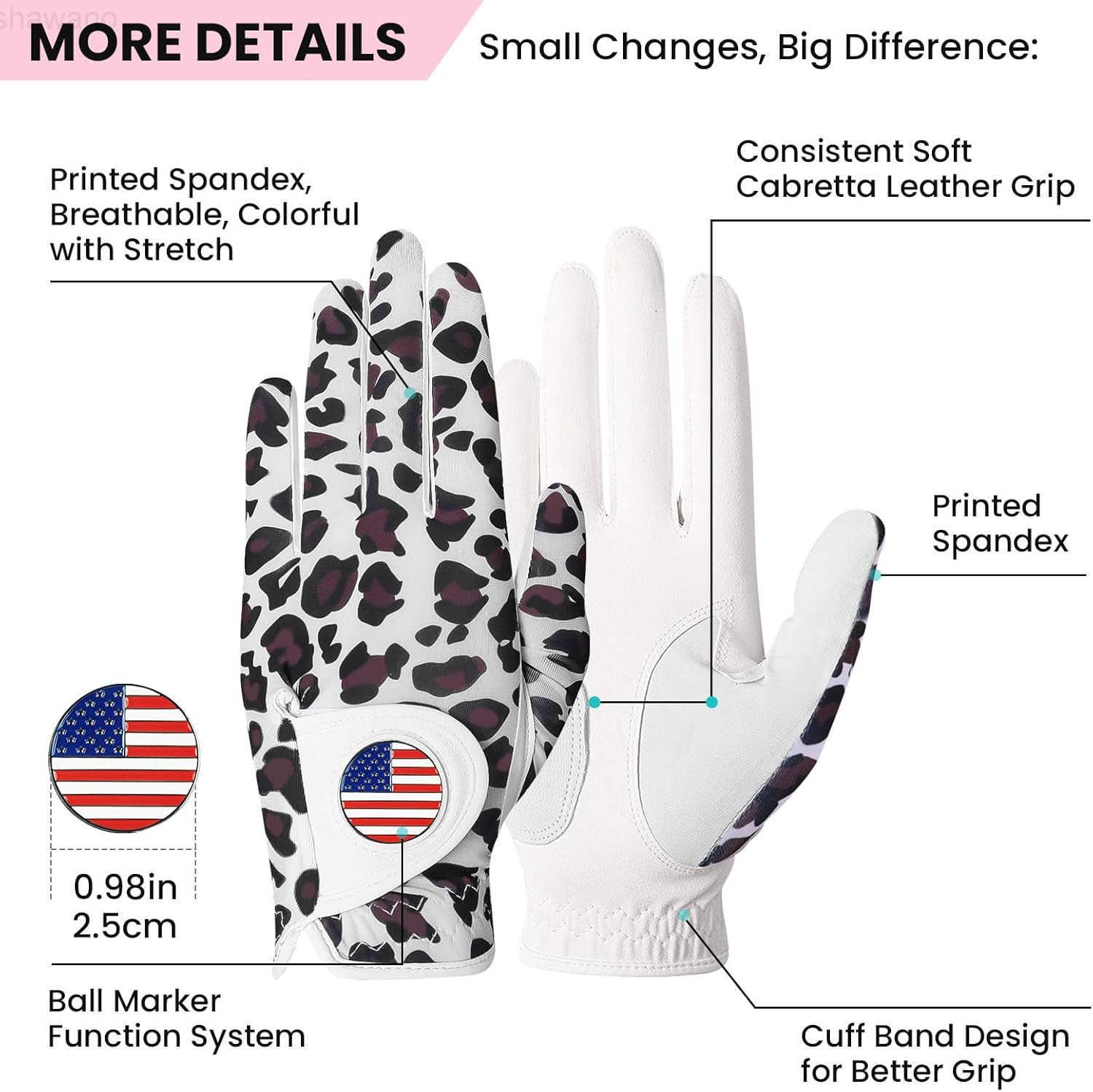Sport Womens Golf Glove with Ball Marker Rain Left Right Hand Leather Printed Pack Ladies Golf Gloves All Weather Grip Breathable Soft Size Small Medi