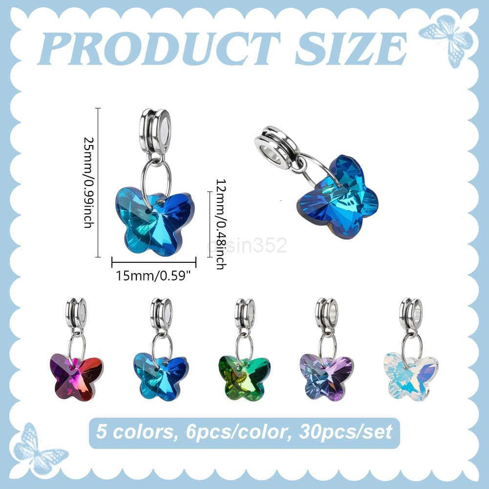30pcs Butterfly Glass Charms Pendants 5 Colors Faceted Butterfly Crystal Dangle Charms with Bail Hanger Large Hole Transparent Beads for Necklace Earr