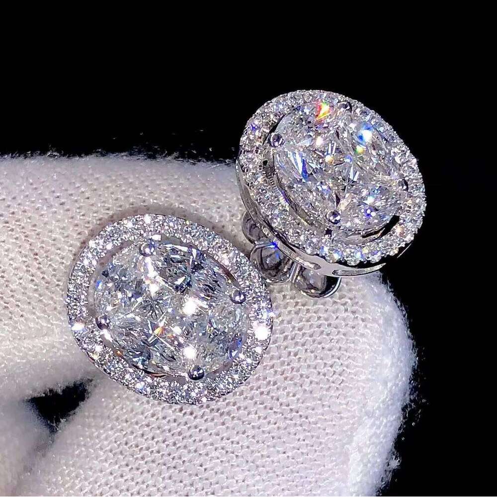 VVS Moissanite Cluster Stud Earrings Round & Marquise Cut Dia Design Sier White Gold Women's Gift
