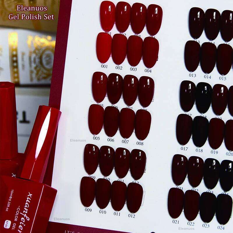 Eleanuos Phototherapy Polishing 24Pcs Varnish Gel Mixed Soak Wine Red Lasting Shiny Primer Nail Art Winter Salon Kit