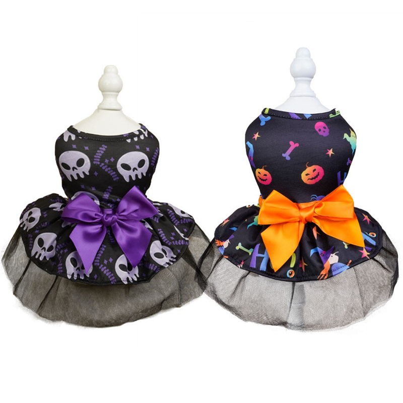 Halloween Dog Dress with Pumpkin Skull Prints Tulle Puff Skirt Big Bowknot Festive Party Costume for Dogs 2-14kg for Halloween Parties Themed Events D