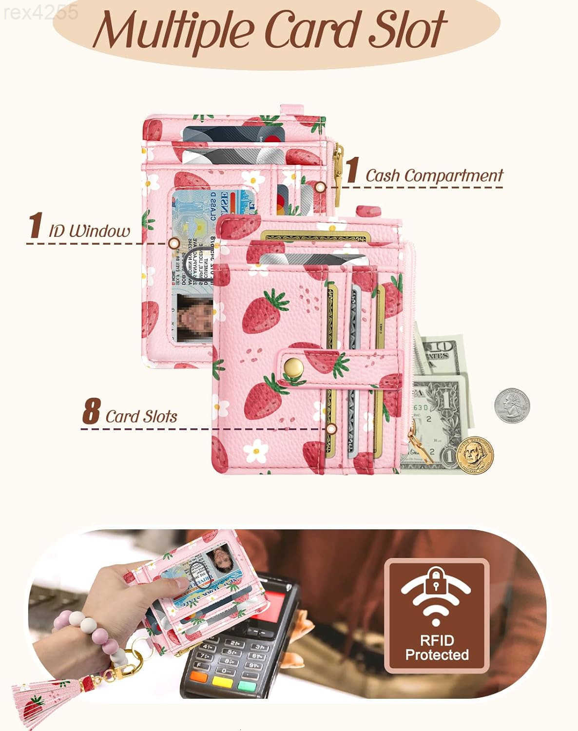 Wallet Keychain Wristlet for Women Credit Card Holder Wallets Key Chain Ring Cute Design Slim Small RFID Coin Pocket Purse for Ladies Teen Girls Fashi