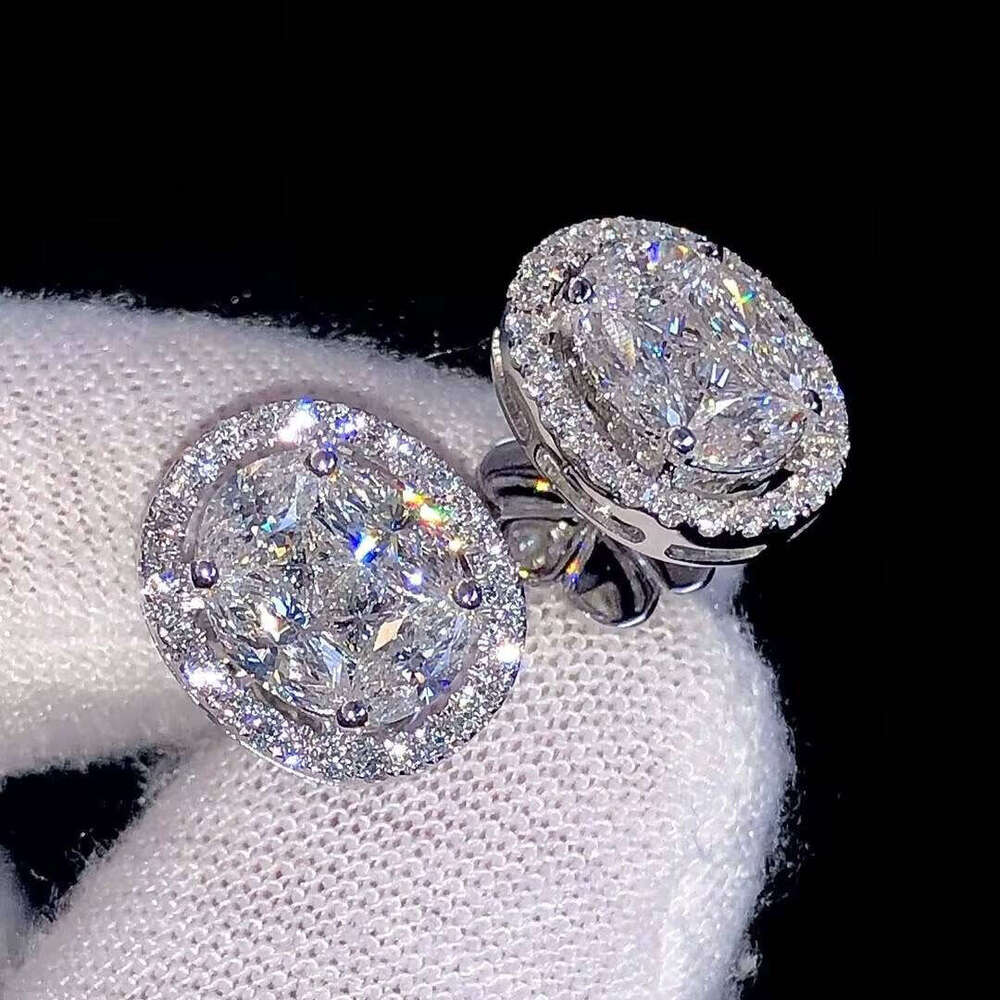 VVS Moissanite Cluster Stud Earrings Round & Marquise Cut Dia Design Sier White Gold Women's Gift