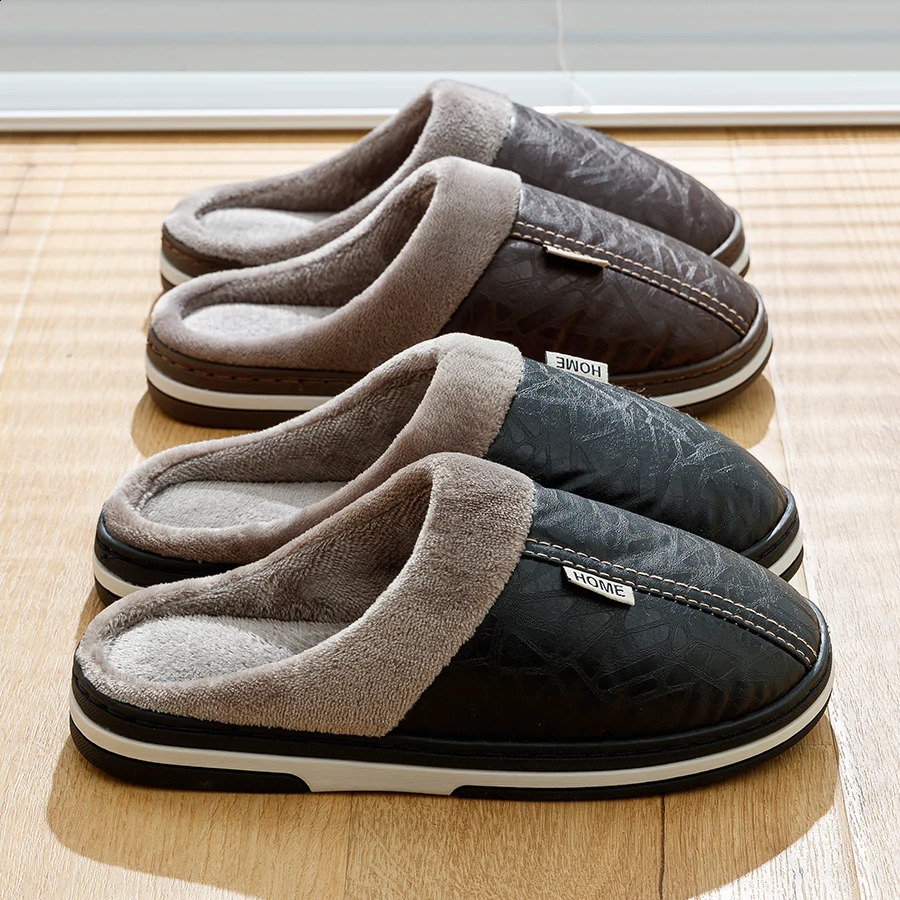 Mens Big Size Winter slippers Indoor PU Leather Home Waterproof Fluffy Casual Slides Men Bedroom Comfy Shoes Houseshoes250906