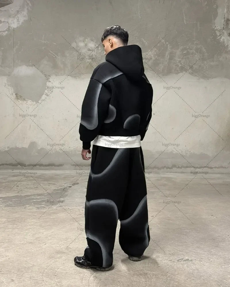 High Street Trend Streetwear Tracksuit Men Retro Harajuku Y2K Graphic Zipper Hoodie Black Casual Knitted Pants Jogger 250911