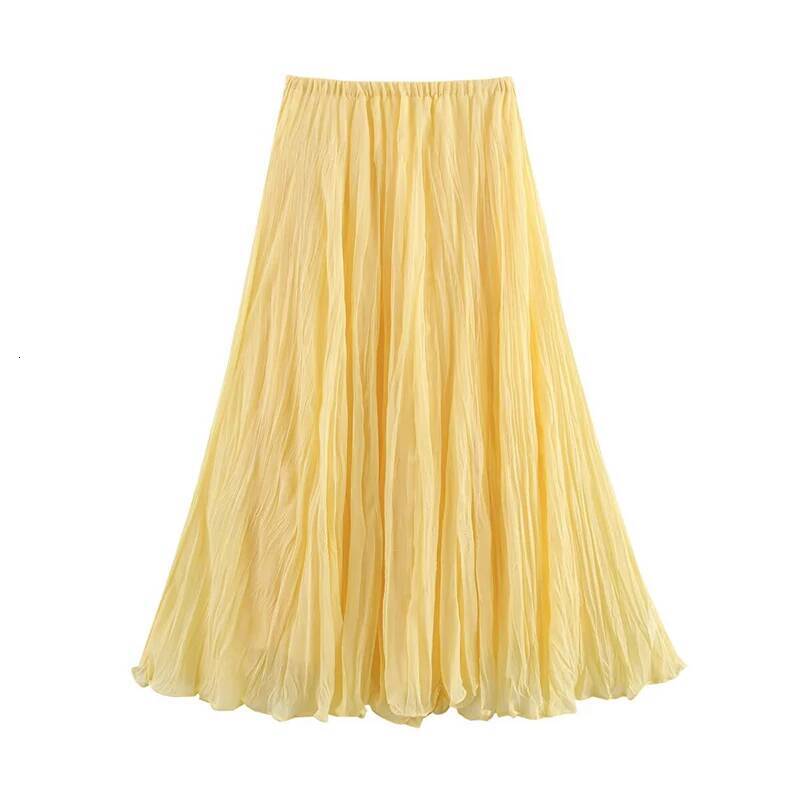 YENKYE Women Crinkle A-line Midi Butter Yellow Skirt Elastic Waist Spring Summer Holiday Elegant Skirts New 2025 faldas mujer dongdumaoyi