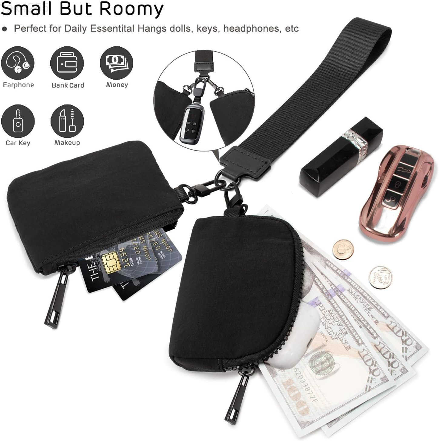 Mini Zip Around Keychain Wristlet Wallets Small Portable Dual Pounch Wristlet Detachable Coin Purse Pocket Gifts for Women Travel Sports Outdoors Blac