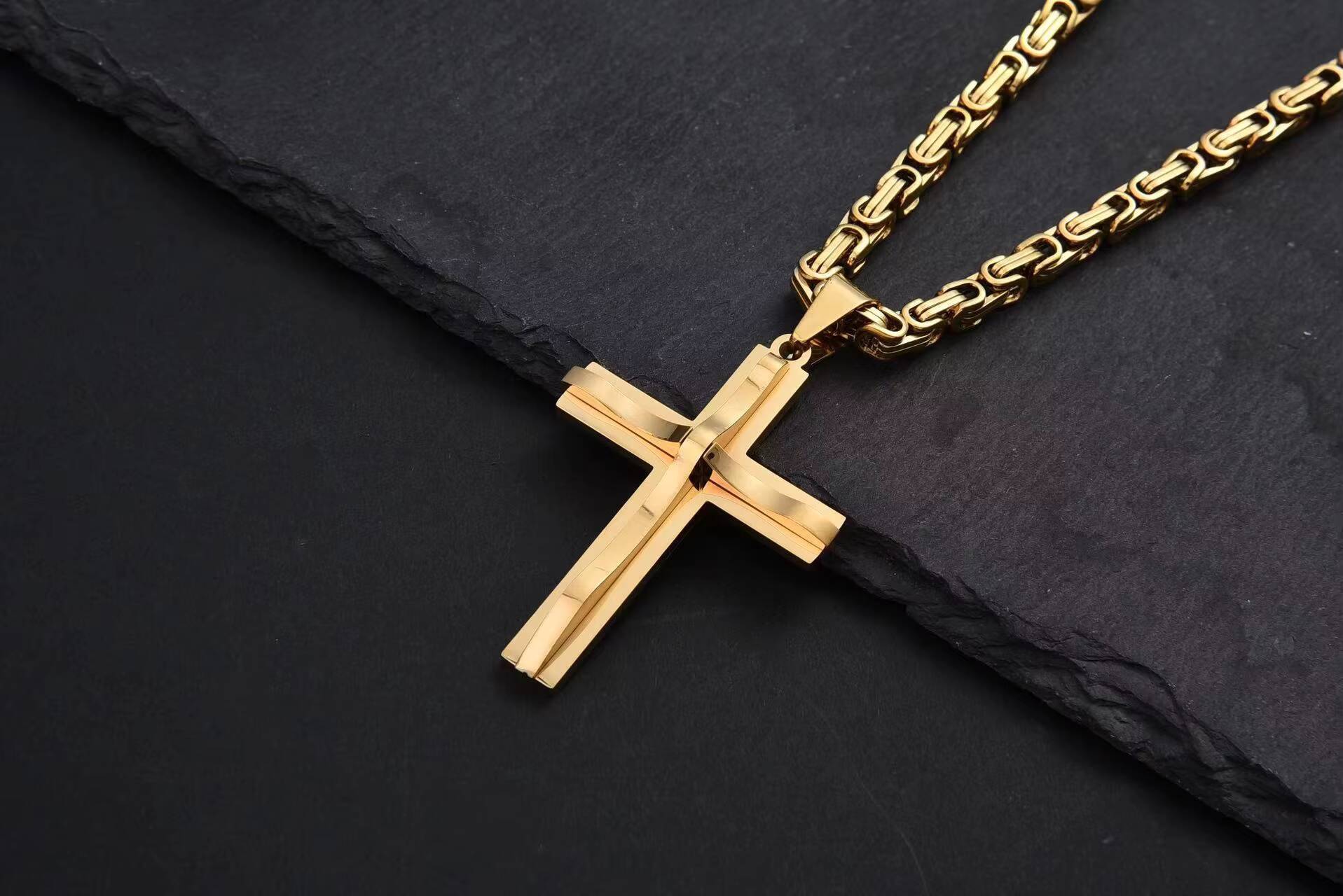 Mens Retro HipHop Style Stainless Steel Convex Cross Pendant Necklace New DoubleLayer Box Chain Fashion Accessory