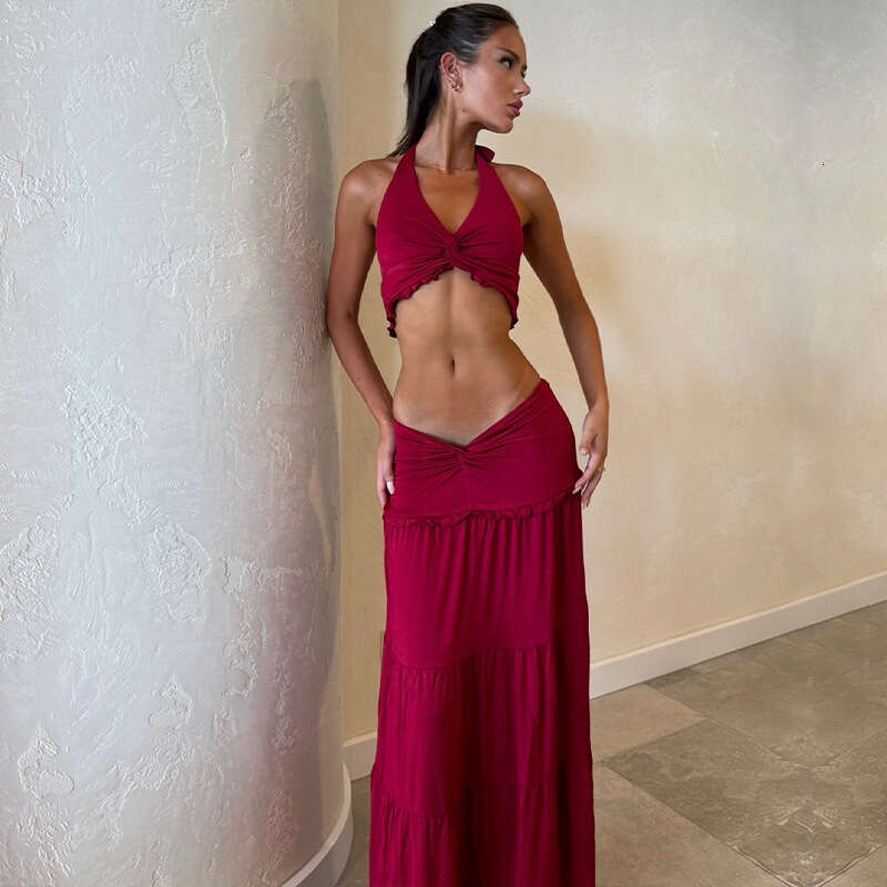 2025 Spring New Women's Sexy Hollow Pleated Halter Top Fashionable Elegant Skirt Set for Women