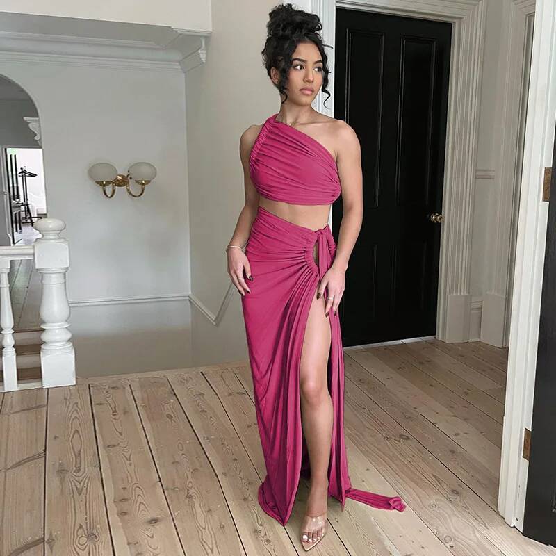 Women Summer 2 Pieces Outfits Solid Color Oblique Shoulder Sleeveless Sexy Tops Wrapped Hip High Waist Slit Long Skirts Sets dongdumaoyi