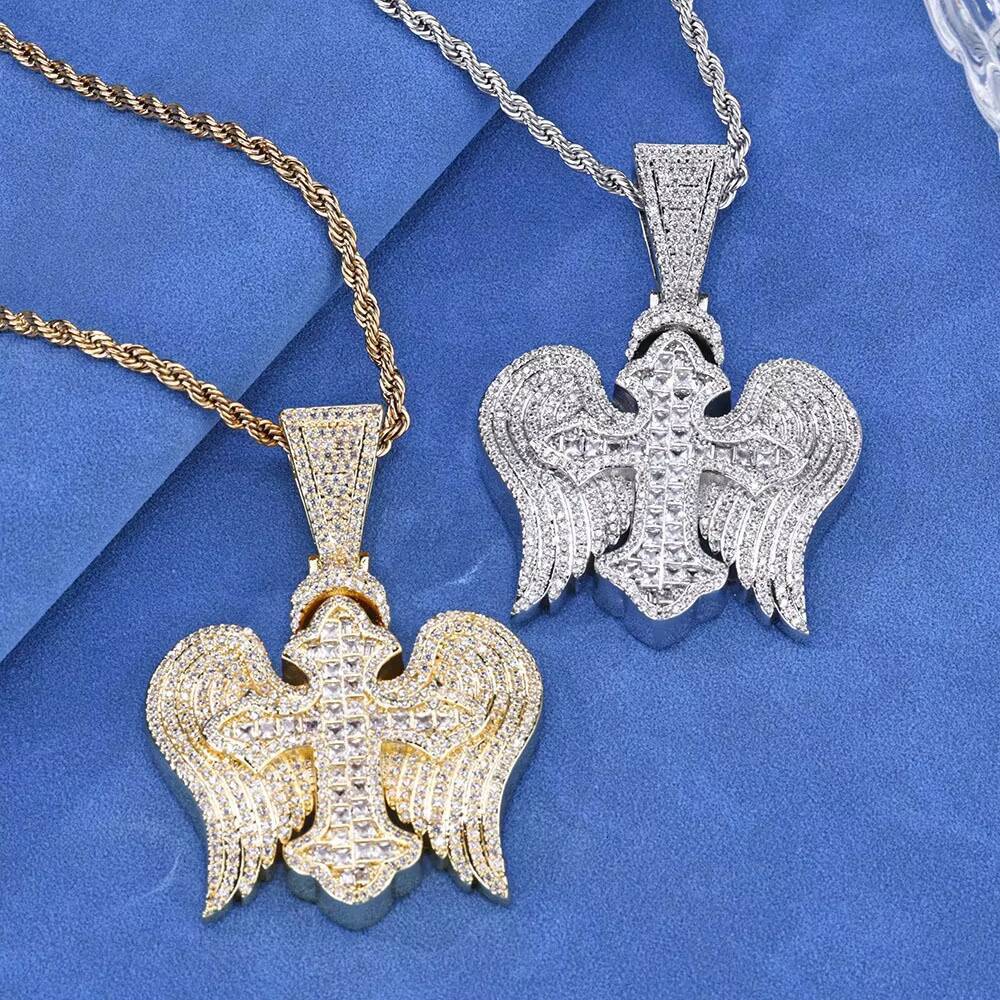 Popular Retro Cross Wings Zircon Pendant Personalized Hip Hop Necklace for Men Brass Jewelry with Rope Chain for Anniversaries
