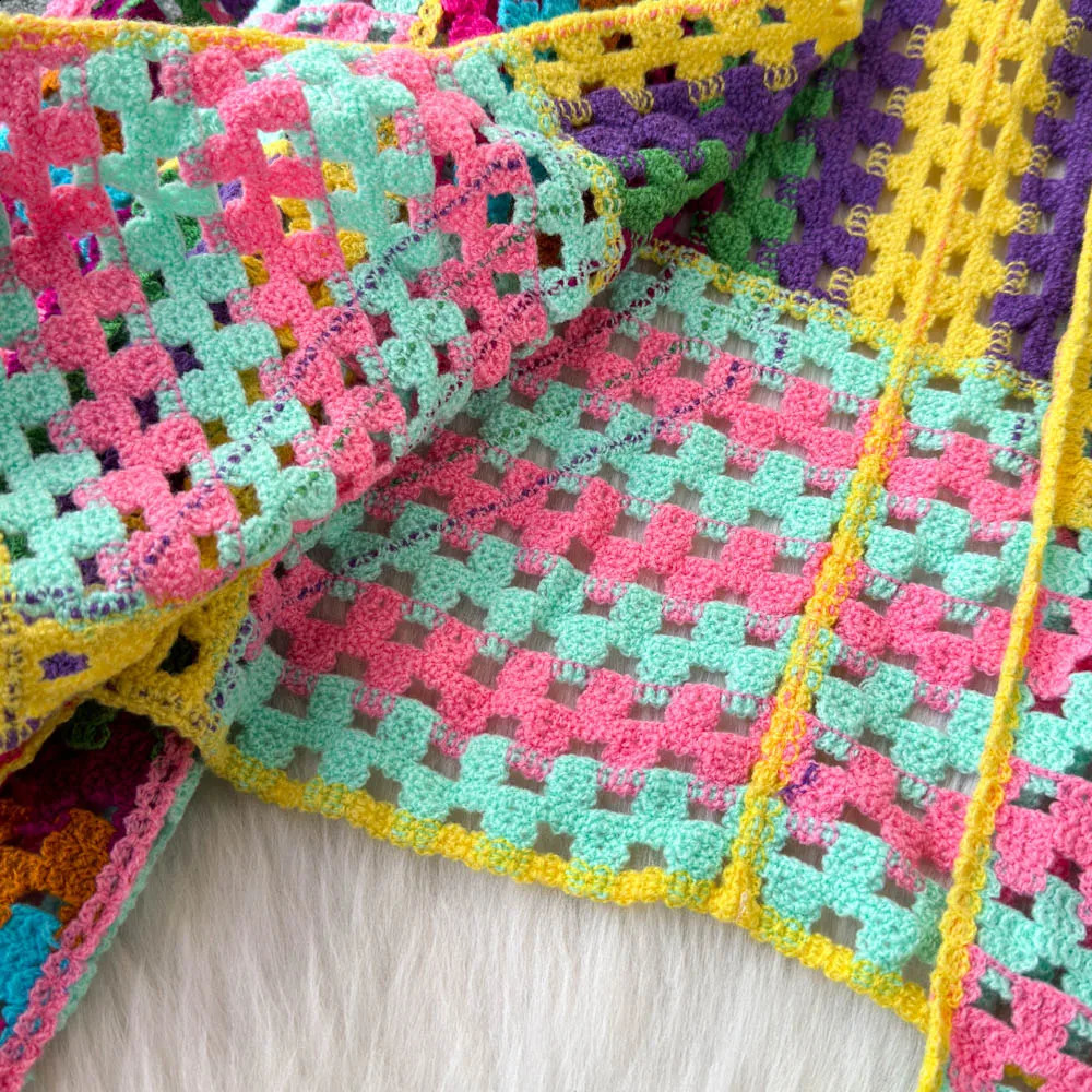 Multicolor Crochet Cardigan Women Sheer Openwork Patchwork Knit Open Front Sweater Jacket Boho Beach Vacation Festival Outfit 250910