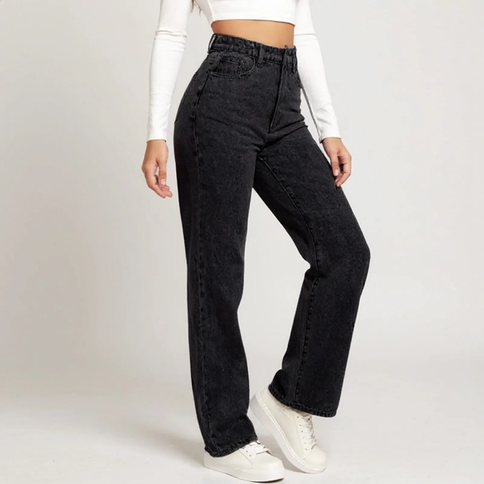 WomenS Straight Jeans Solid Color Distressed High Waist n Retro Trousers American Girl Style Pants Daily Street Wear 250911
