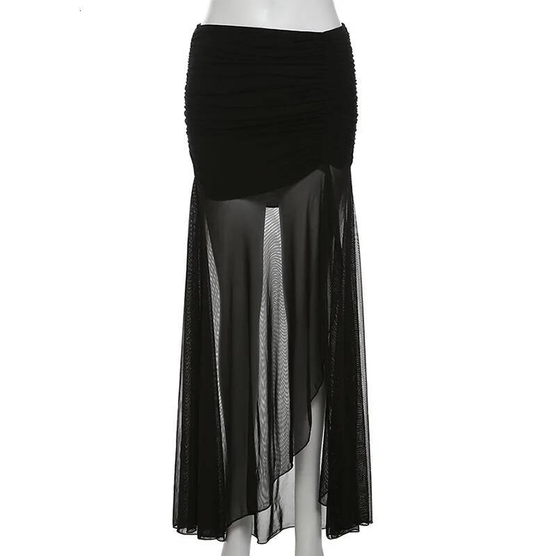 Dark Mall Goth High Waist Mesh Patchwrok Mid Skirts Sexy Hem Split Ruched Bodycon Skirt E-girl Y2K Streetwear Alt Bottoms dongdumaoyi
