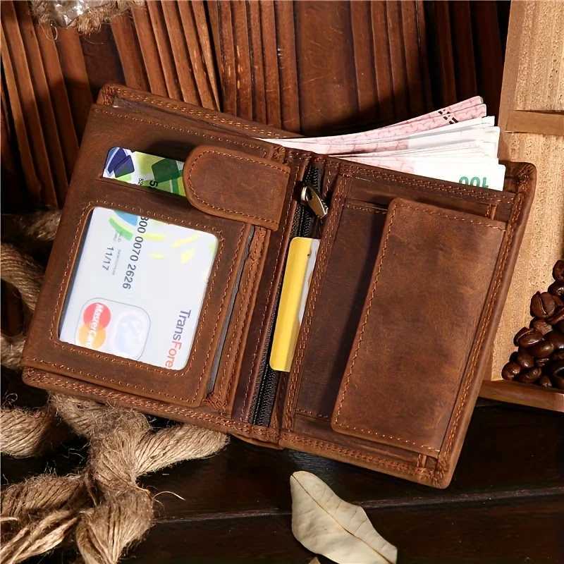 Vintage Mens Genuine Leather Wallet with Multiple Card Slots Large Capacity Vertical ID Holder Zippered Compartment W250911