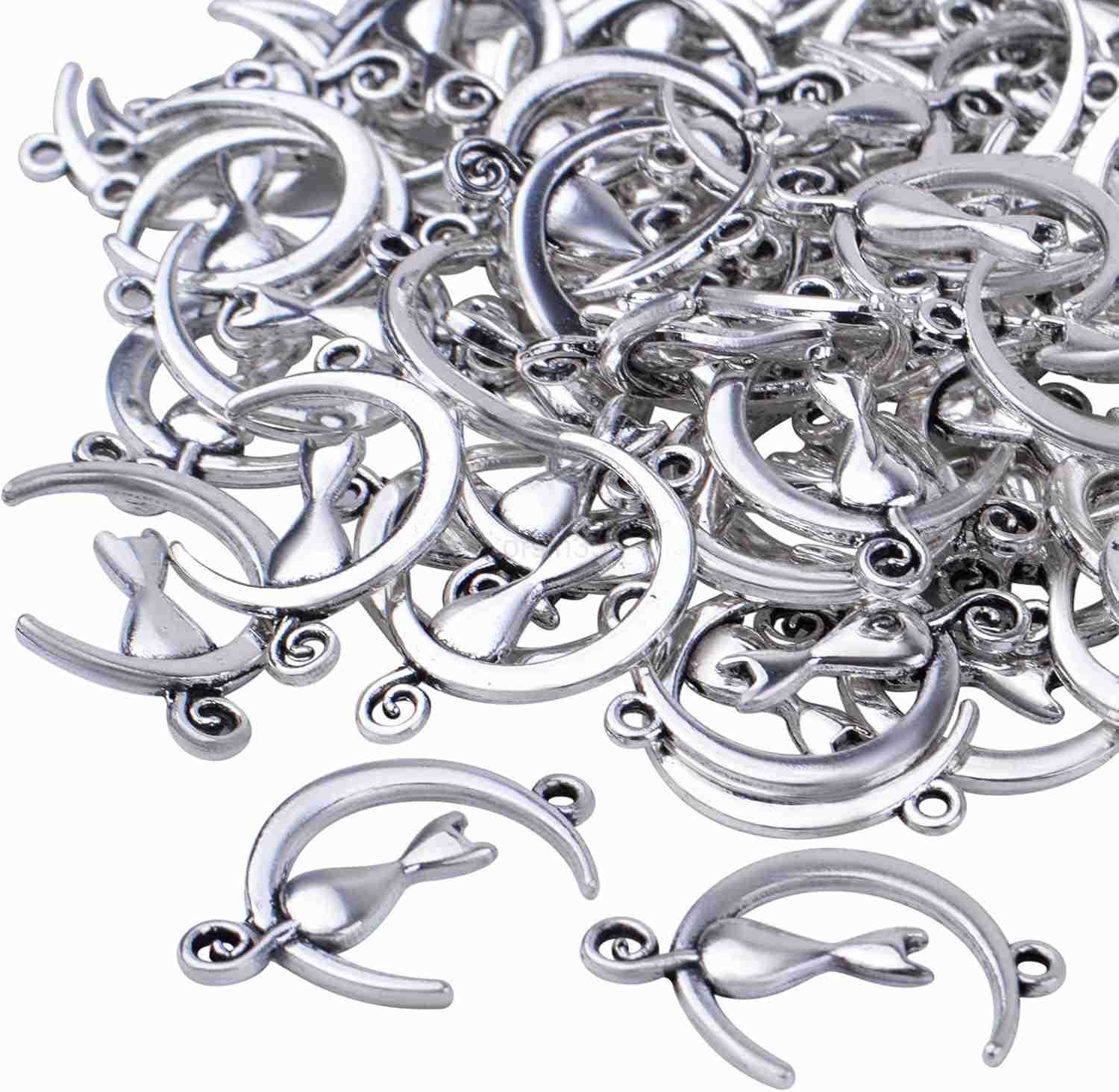 100pcs Cat in The Moon Charms Alloy Celestial Pendants Craft Supplies for DIY Earrings Necklace Jewelry Making Christmas Birthday Party Gifts 21 mm x 