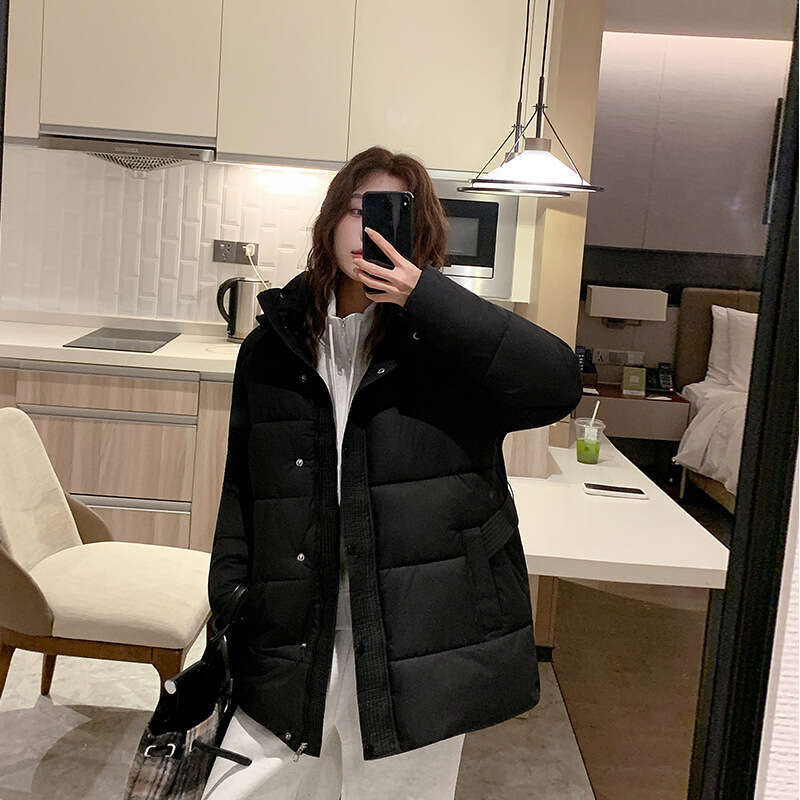 Winter New Solid Color Waist Cinched Hooded Fashion Versatile Trendy Korean Style Mid-Length Cotton Jacket for Women