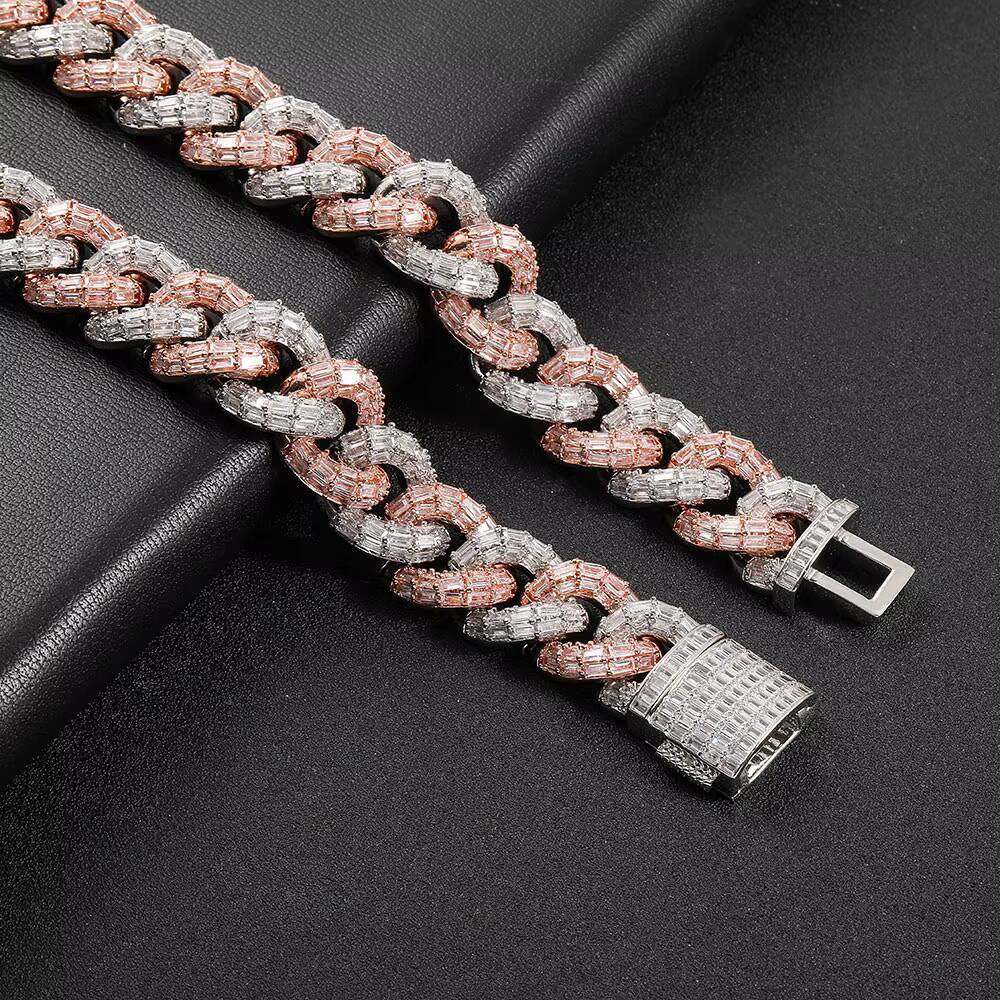 NUOYA High Quality Hip Hop Two Tone Cuban Link Necklace Women Baguette CZ Diamond Chunky Chain Brass Necklace for Men Woman
