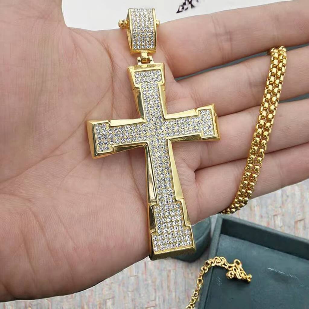 Hip Hop Mens Fully CZ Diamond Stainless Steel Cross Necklace Gold Plated Box Chain with Religious Style for Gift Engagement