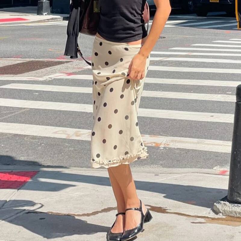 IAMHOTTY Dot Print Midi-calf Skirt Y2K Aesthetic Low Waist Straight French Style Ruched Edge Hem Pencil Skirts Chic Women dongdumaoyi