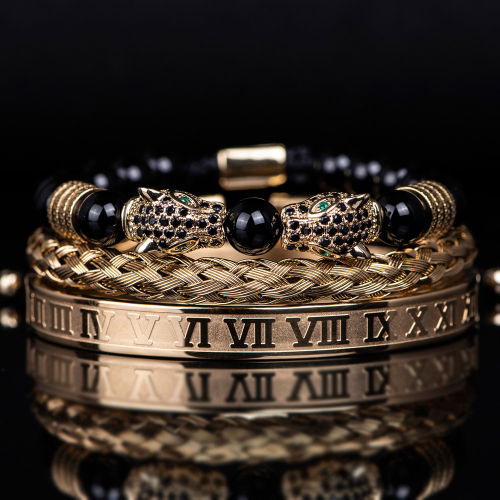 Black Double Leopard Head Braiding Stainless Steel Roman Numeral Bracelet Set Retro Designer Jewelry for Men