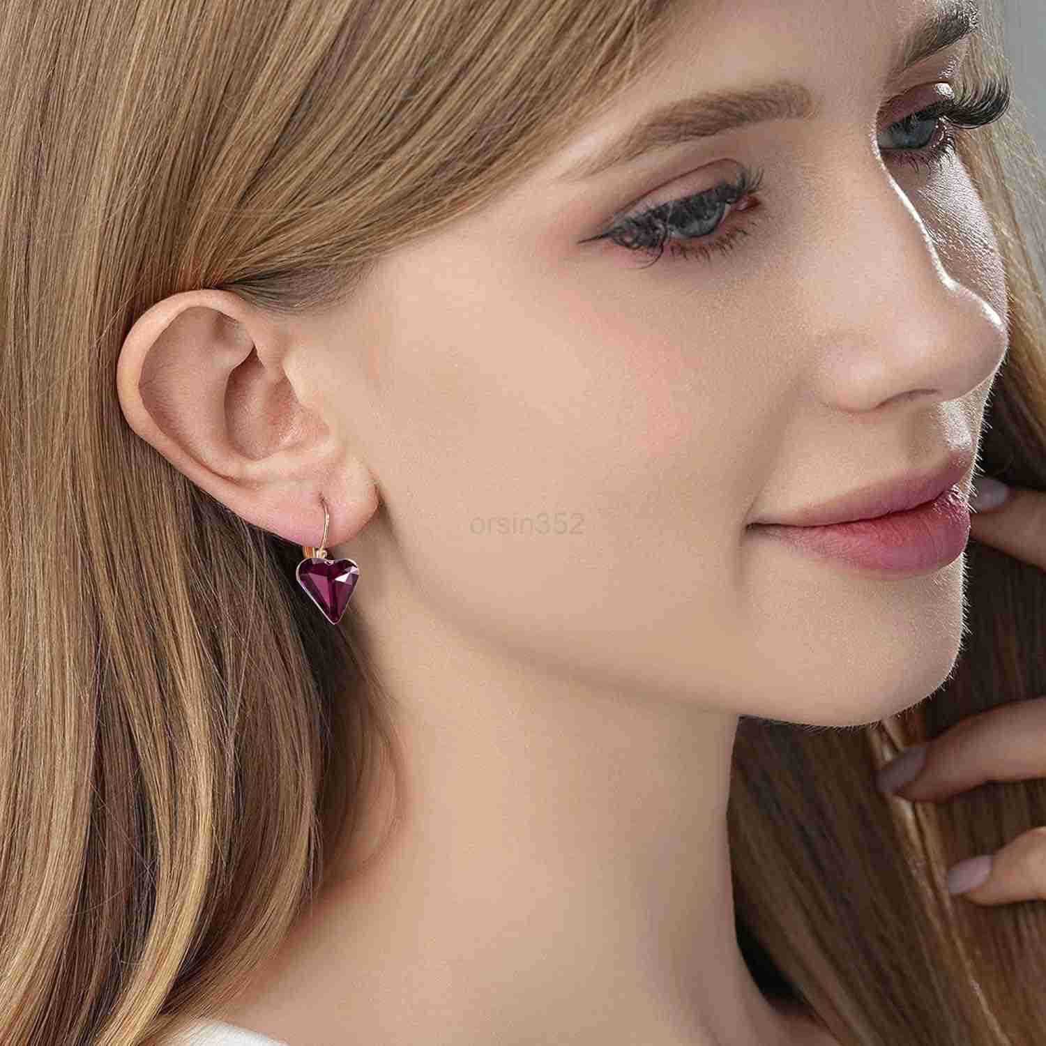 Austrian Crystal Heart Drop Leverback Earrings for Women 14K Rose Gold Plated Hypoallergenic Jewelry GiftsW250911