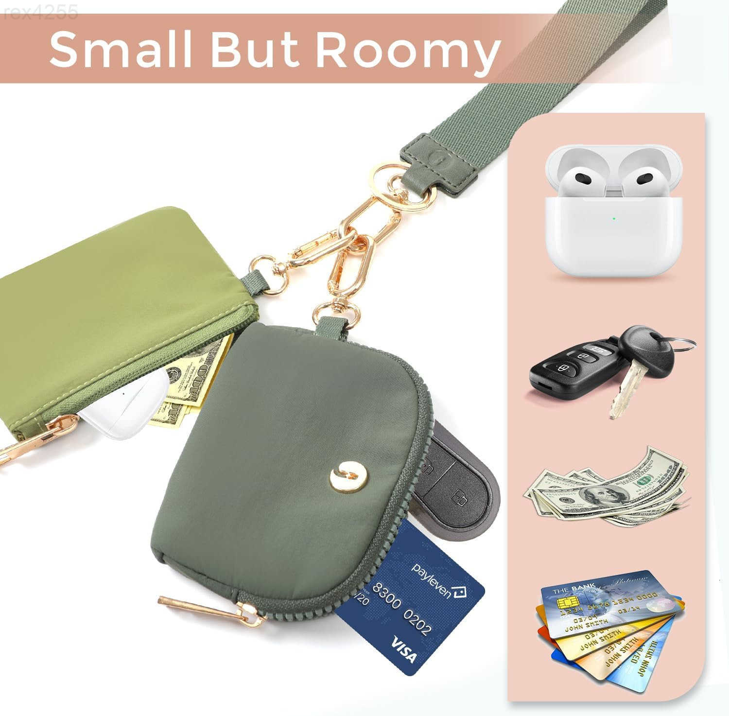 Pouch Wristlet Keychain Wallets for Women with 2 Detachable Zipper Coin Purse Small and Portable Mini Card Wallet for Women Men Gold Hardware GreenDar