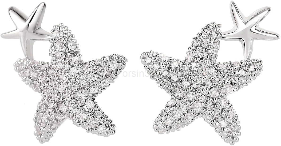 Stud Earrings for Women CZ Paved Starfish Stud Earrings Charm Starfish Earrings Plated in 14k GoldWhite GoldW250911