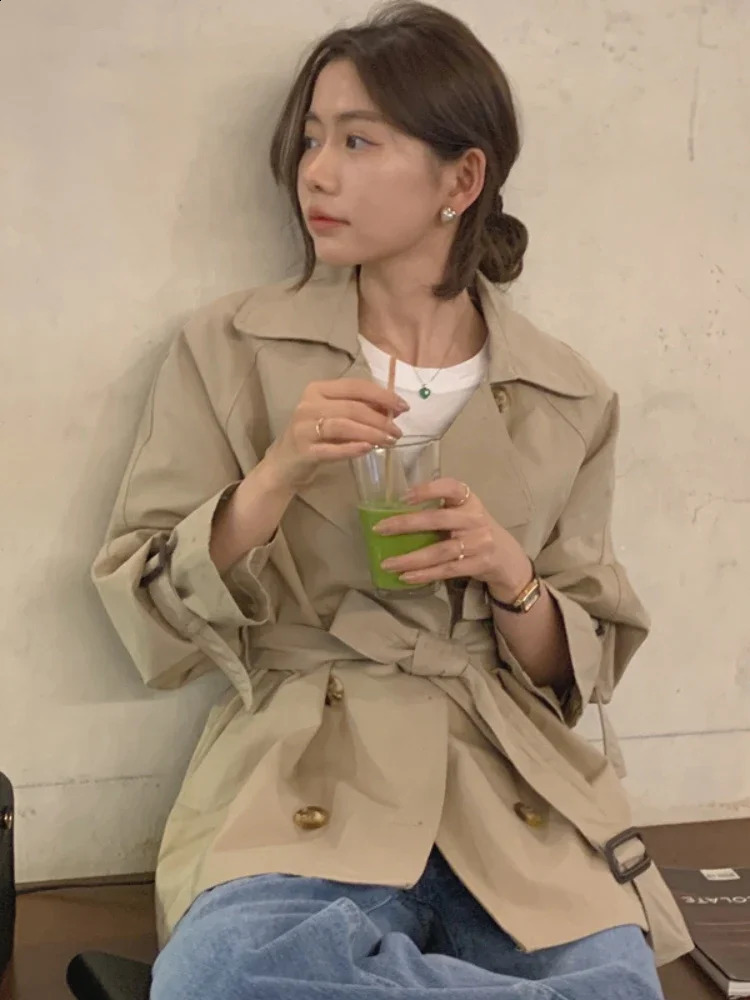 SpringAutumn Korean Fashion Waist Slimming Lace Up Jacket for Women Double Breasted Mid Length Trench Coat Clothing 250911